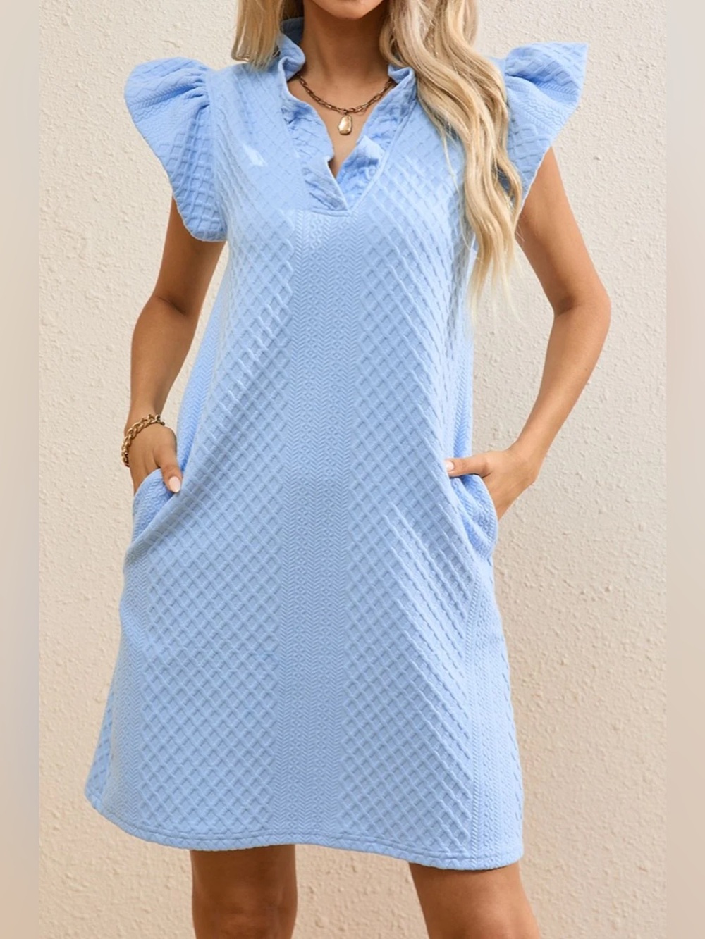 Women’s Textured Ruffled V-neck Cap Sleeve Shift Mini Dress Blue sz XL